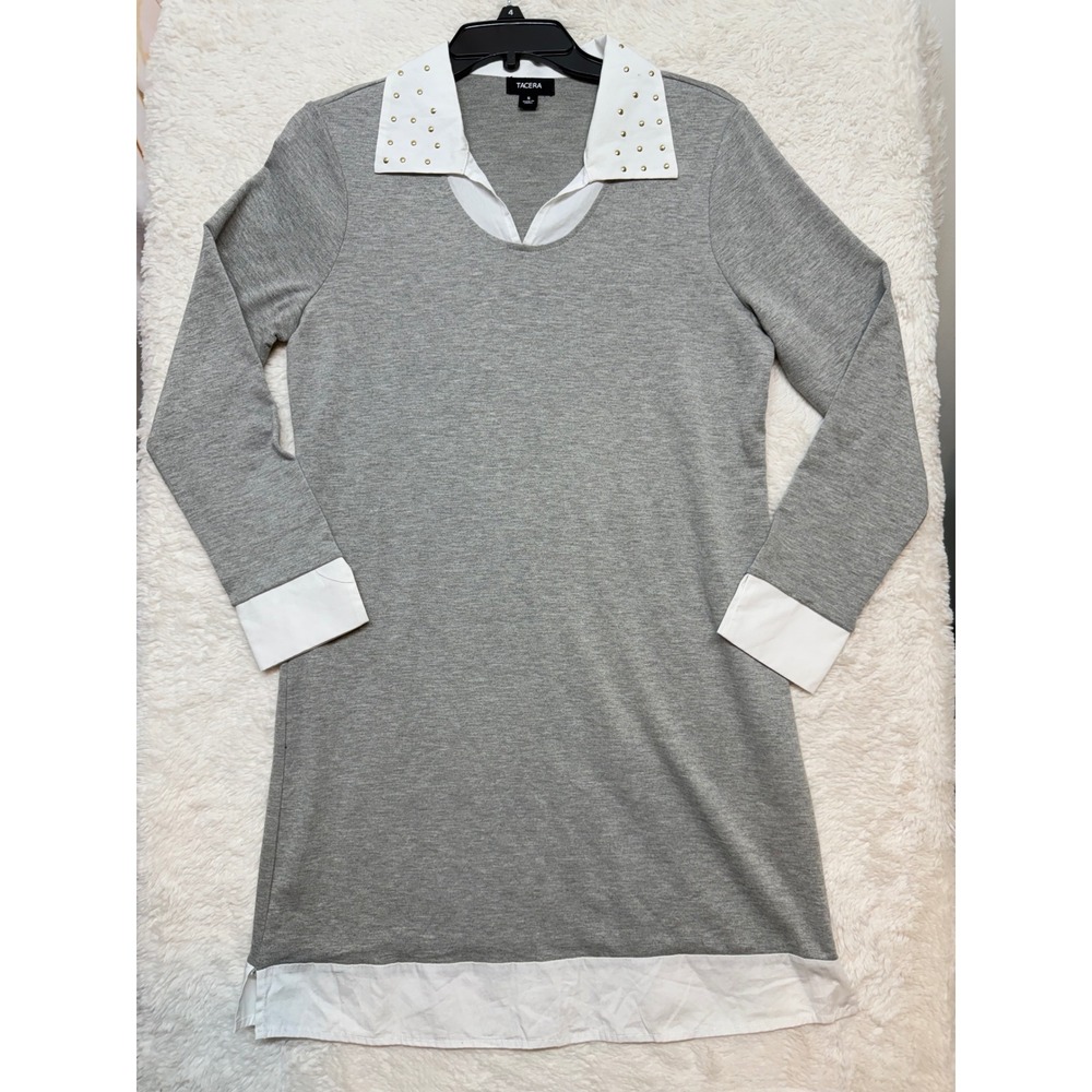 Tacera Dress Womens S Grey Studded Collar Layered Look Shift PE11723FT Excellent